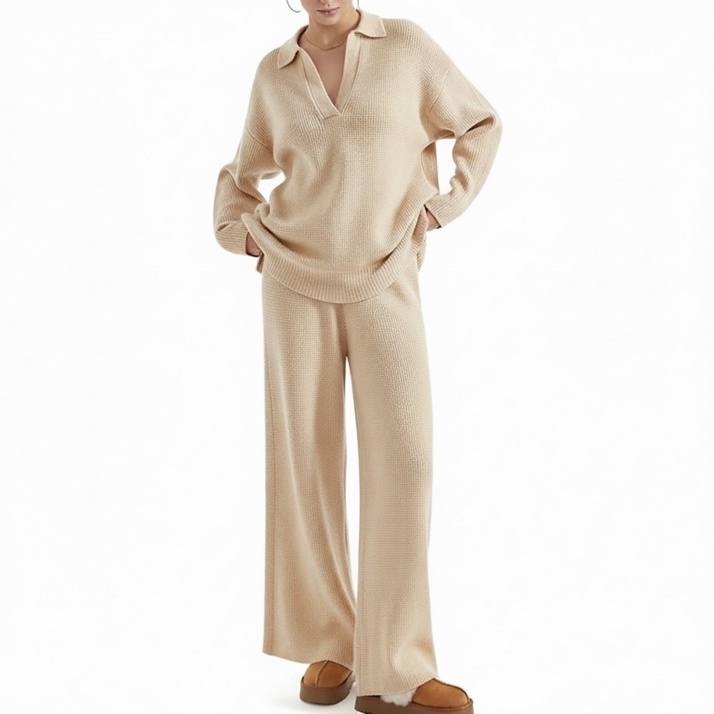 Lillusory Women's Beige 2-Piece Long Sleeve Shirt & Pants Lounge Set Size Small
